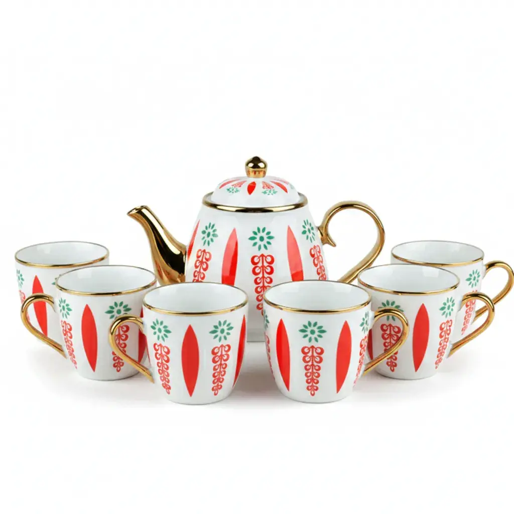 طقم فناجين مع غوري يورسلان 7 قطع منقوش احمر 1163-19