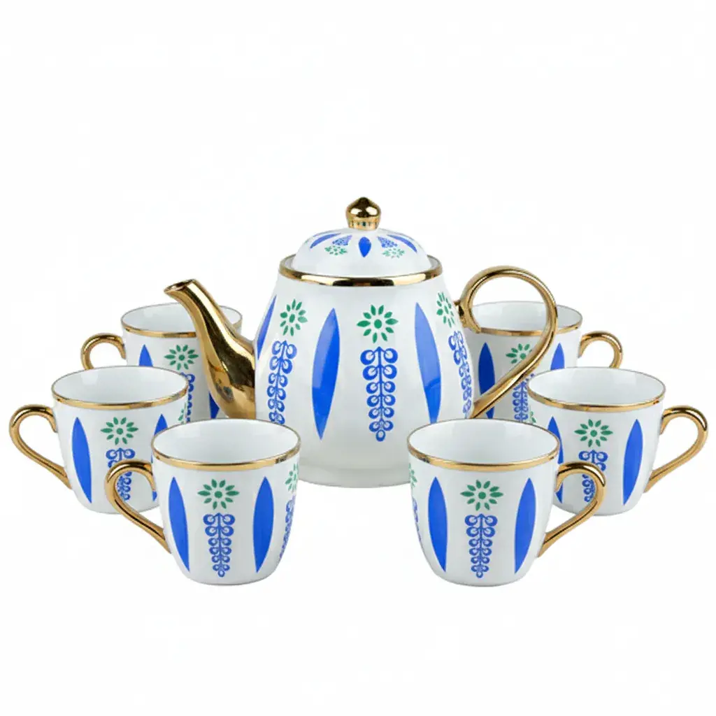 طقم فناجين مع غوري يورسلان 7 قطع منقوش ازرق 1163-20