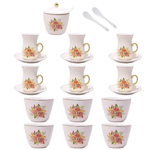 طقم استكانة وفنجان نقشة وردة 22 قطعه PRC-SPRING-22-CW